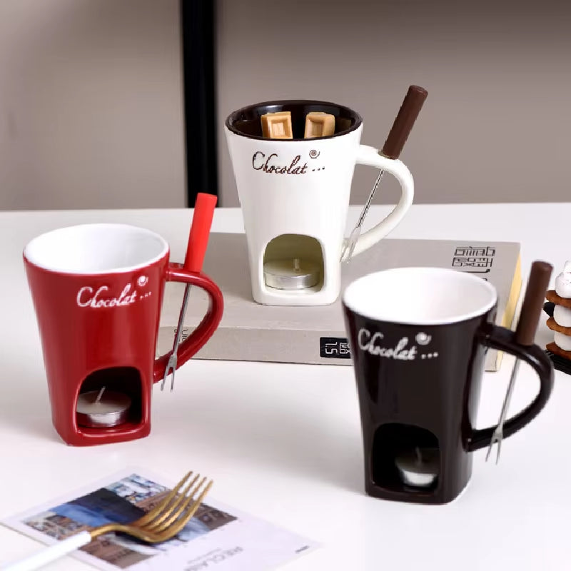 Chocolate Fondue Cup European Candle Cup Ceramic Mug Heating Food Cheese Creative Coffee Mug with Fork Christmas Party Date Idea