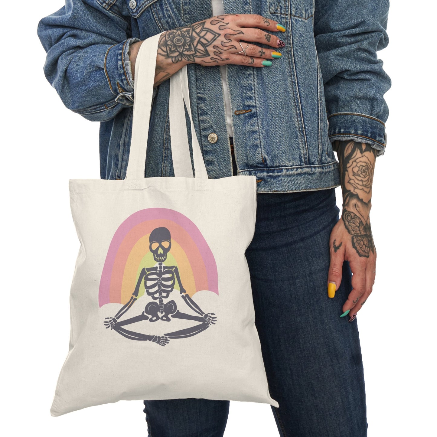 Rainbow Yoga Skeleton Canvas Tote, Organic Cotton Bag, Lightweight & Versatile, Great for Yoga Lovers