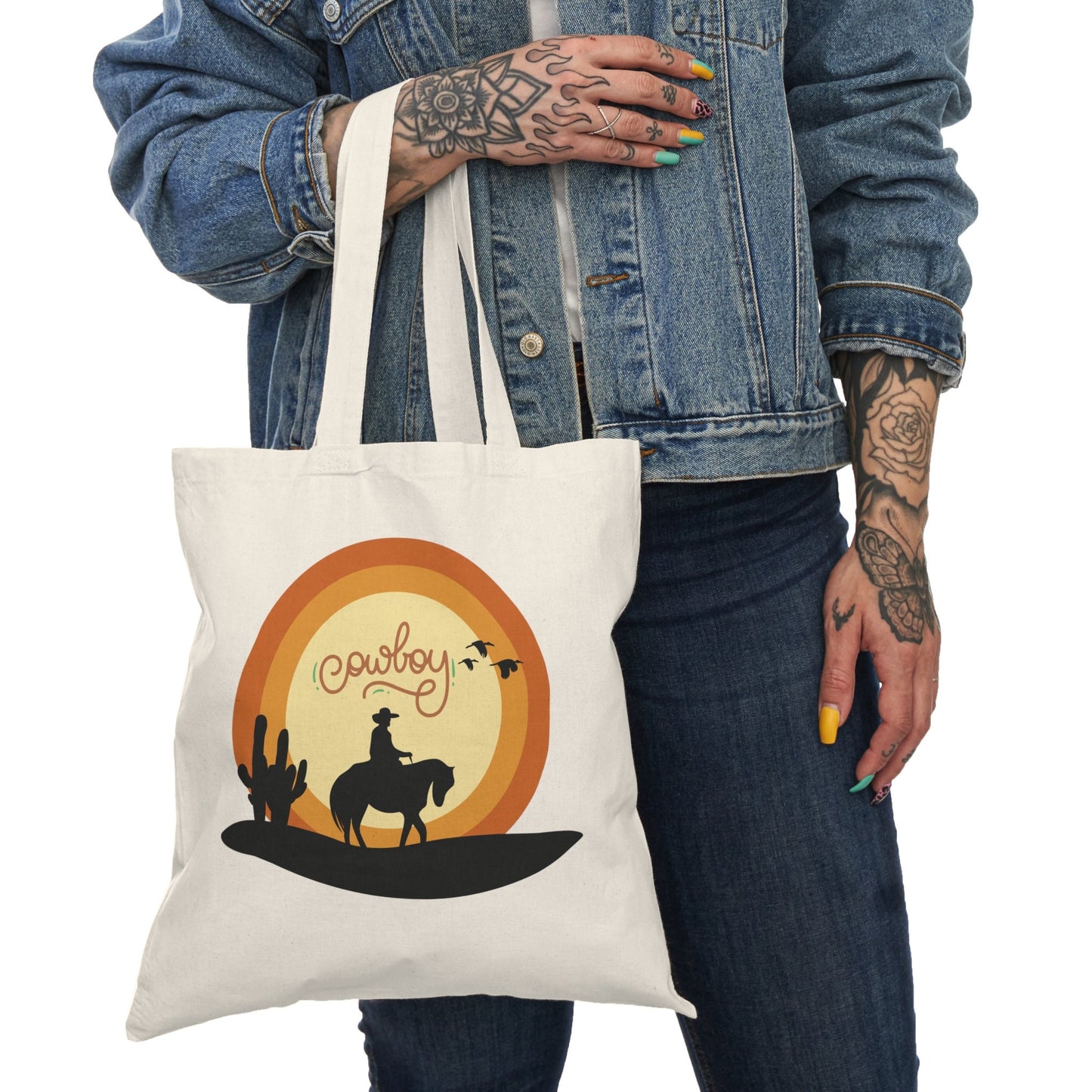 Organic Cowboy Tote Bag - Eco-Friendly Canvas Grocery Bag with Western Motif - Perfect for Shopping or Farmers Markets