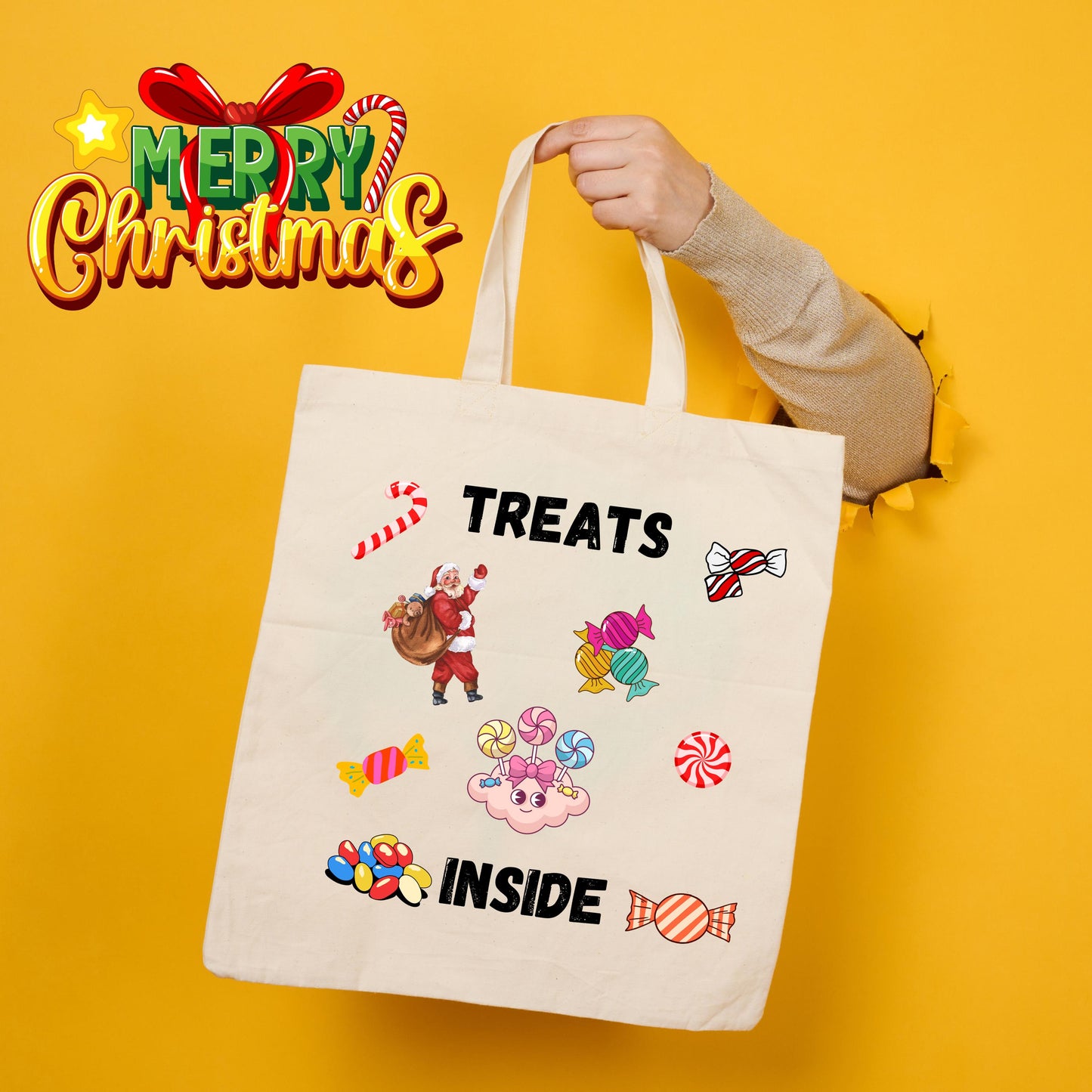 Santa Claus Treats Tote Bag - Holiday Themed Carryall for Christmas Candies - Perfect Gift for Parents